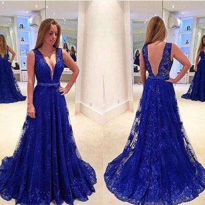 Sexy Backless Royal Blue V Neck Long Prom Dress 2016 A Line Sweep Train